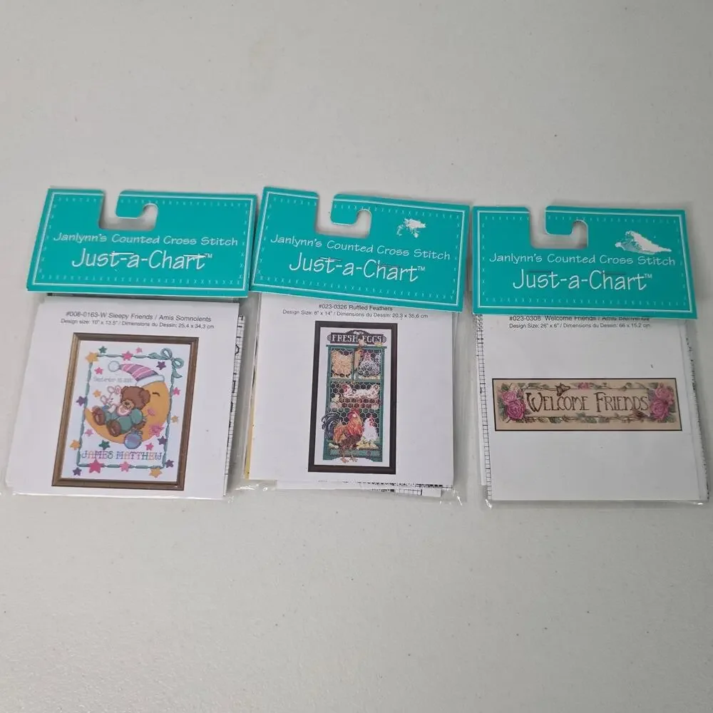 Lot of 3 Janlynn Counted Cross Stitch Just-A-Chart Patterns New Sealed